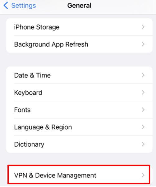 iOS General settings option